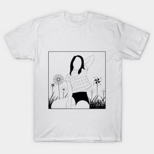 MINIMALIST GIRL PORTRAIT IN A BOX FLOWERS BLACK AND WHITE LINEART T-Shirt